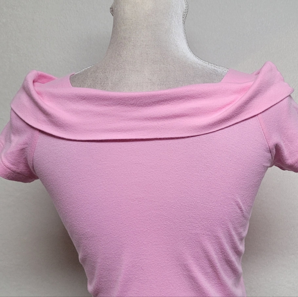 L.A. Movers Pink Rhinestone Yorkie Cowl Shoulder Cap Sleeve Cropped Babydoll Tee - Picture 10 of 12